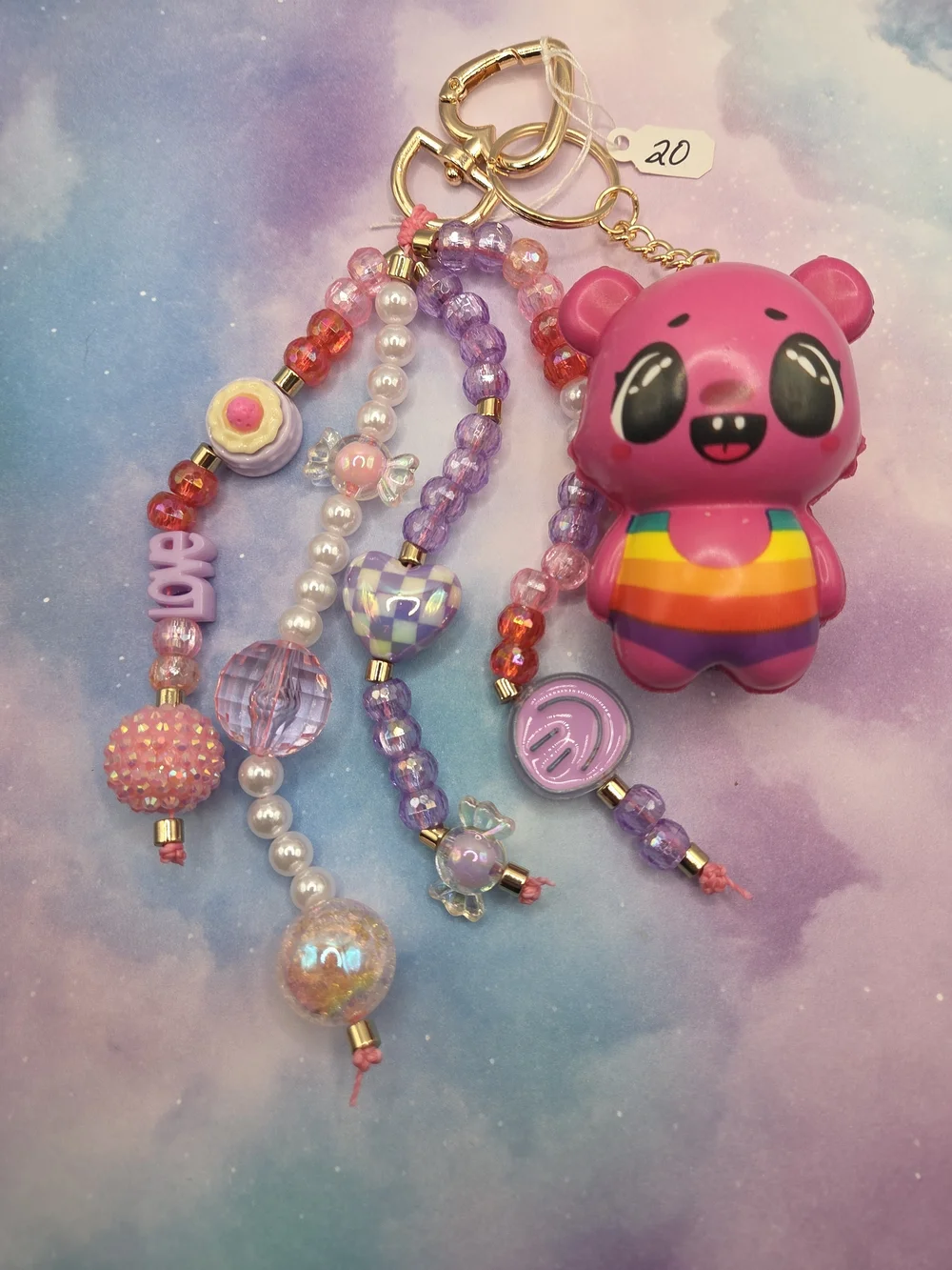 Pink Rainbow Bear Beaded Keychain Charm